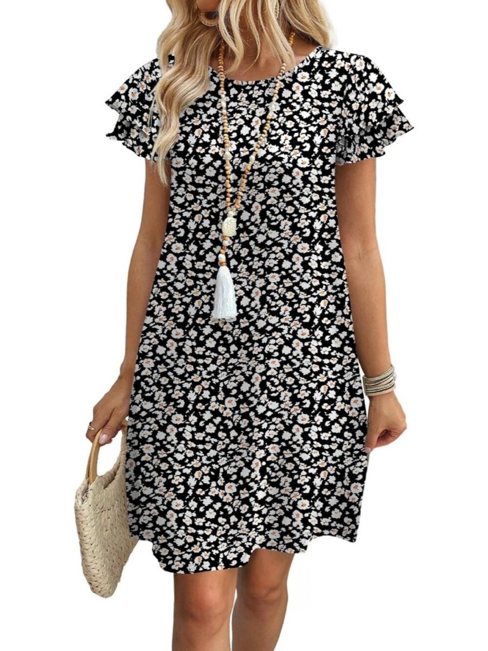 Women Black White Floral Polyester Blend Cap Sleeve Crew Neck Pull On Mini Dress